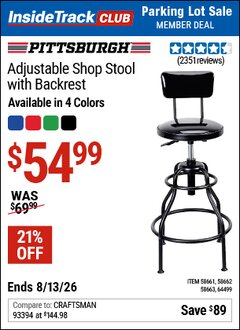 Harbor Freight ITC Coupon PITTSBURGH ADJUSTABLE SHOP STOOL WITH BACKREST Lot No. 58661/58662/58663/64499 Valid Thru: 8/13/26 - $54.99