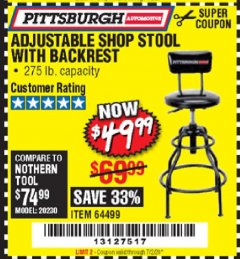 Harbor Freight Coupon PITTSBURGH ADJUSTABLE SHOP STOOL WITH BACKREST Lot No. 58661/58662/58663/64499 Expired: 7/2/20 - $49.99