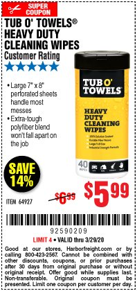 Harbor Freight Coupon TUB O' TOWELS HEAVY DUTY CLEANING WIPES Lot No. 64927 Expired: 3/29/20 - $5.99