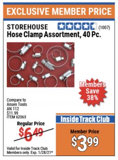 Harbor Freight ITC Coupon 40 PIECE HOSE CLAMP ASSORTMENT Lot No. 62363/67578/60807 Expired: 1/28/21 - $3.99