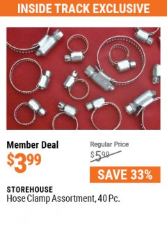 Harbor Freight ITC Coupon 40 PIECE HOSE CLAMP ASSORTMENT Lot No. 62363/67578/60807 Expired: 7/29/21 - $3.99