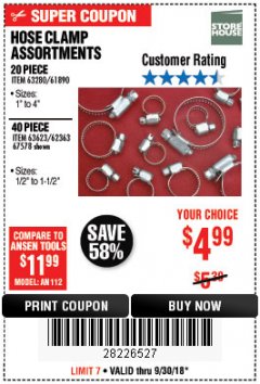 Harbor Freight Coupon 40 PIECE HOSE CLAMP ASSORTMENT Lot No. 62363/67578/60807 Expired: 9/30/18 - $4.99