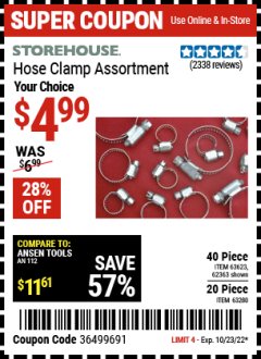 Harbor Freight Coupon 40 PIECE HOSE CLAMP ASSORTMENT Lot No. 62363/67578/60807 Expired: 10/23/22 - $4.99