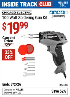 Harbor Freight Coupon CHICAGO ELECTRIC 100 WATT SOLDERING GUN KIT Lot No. 64056 Valid: 12/31/69 - 7/2/26 - $19.99