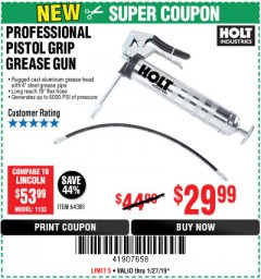 Harbor Freight Coupon HOLT PROFESSIONAL PISTOL GRIP GREASE GUN Lot No. 64381 Expired: 1/27/19 - $29.99