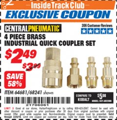 Harbor Freight ITC Coupon CENTRAL PNEUMATIC 4-PIECE BRASS INDUSTRIAL QUICK COUPLER SET Lot No. 64681/68241 Expired: 2/28/19 - $2.49
