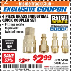 Harbor Freight ITC Coupon CENTRAL PNEUMATIC 4-PIECE BRASS INDUSTRIAL QUICK COUPLER SET Lot No. 64681/68241 Expired: 2/29/20 - $2.99