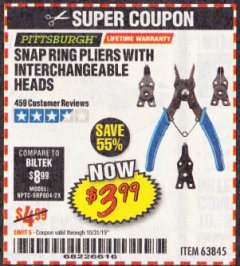 Harbor Freight Coupon PITTSBURGH SNAP RING PLIERS WITH INTERCHANGEABLE HEADS Lot No. 63845 Expired: 10/31/19 - $3.99