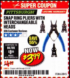 Harbor Freight Coupon PITTSBURGH SNAP RING PLIERS WITH INTERCHANGEABLE HEADS Lot No. 63845 Expired: 3/31/20 - $3.99