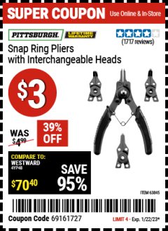 Harbor Freight Coupon PITTSBURGH SNAP RING PLIERS WITH INTERCHANGEABLE HEADS Lot No. 63845 Expired: 1/22/23 - $3