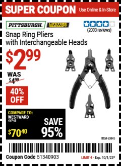 Harbor Freight Coupon PITTSBURGH SNAP RING PLIERS WITH INTERCHANGEABLE HEADS Lot No. 63845 Valid Thru: 10/1/23 - $2.99