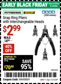 Harbor Freight Coupon PITTSBURGH SNAP RING PLIERS WITH INTERCHANGEABLE HEADS Lot No. 63845 Expired: 11/12/23 - $2.99