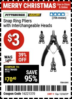 Harbor Freight Coupon PITTSBURGH SNAP RING PLIERS WITH INTERCHANGEABLE HEADS Lot No. 63845 Expired: 12/24/23 - $3