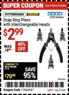 Harbor Freight Coupon PITTSBURGH SNAP RING PLIERS WITH INTERCHANGEABLE HEADS Lot No. 63845 Expired: 3/7/24 - $2.99