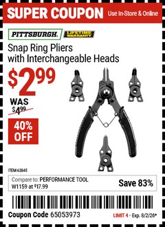 Harbor Freight Coupon PITTSBURGH SNAP RING PLIERS WITH INTERCHANGEABLE HEADS Lot No. 63845 Expired: 8/2/26 - $2.99