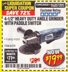 Harbor Freight Coupon 4-1/2" HEAVY DUTY ANGLE GRINDER WITH PADDLE SWITCH Lot No. 65519 Expired: 6/30/18 - $19.99