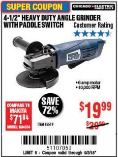 Harbor Freight Coupon 4-1/2" HEAVY DUTY ANGLE GRINDER WITH PADDLE SWITCH Lot No. 65519 Expired: 9/3/18 - $19.99
