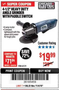 Harbor Freight Coupon 4-1/2" HEAVY DUTY ANGLE GRINDER WITH PADDLE SWITCH Lot No. 65519 Expired: 11/4/18 - $19.99