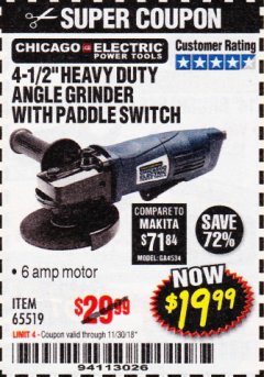 Harbor Freight Coupon 4-1/2" HEAVY DUTY ANGLE GRINDER WITH PADDLE SWITCH Lot No. 65519 Expired: 11/30/18 - $19.99