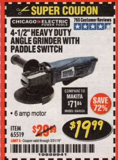 Harbor Freight Coupon 4-1/2" HEAVY DUTY ANGLE GRINDER WITH PADDLE SWITCH Lot No. 65519 Expired: 3/31/19 - $19.99