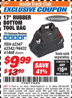Harbor Freight ITC Coupon 17" RUBBER BOTTOM TOOL BAG Lot No. 62347/62342/94432/61468 Expired: 2/24/19 - $9.99