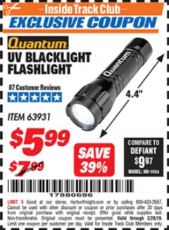 Harbor Freight ITC Coupon UV BLACKLIGHT FLASHLIGHT Lot No. 63931 Expired: 2/28/19 - $5.99