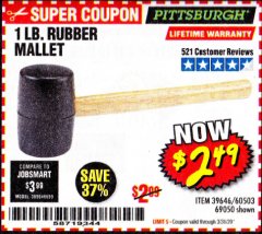 Harbor Freight Coupon 1 LB. RUBBER MALLET Lot No. 60503/69050 Expired: 3/31/20 - $2.49