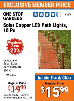Harbor Freight ITC Coupon 10 PIECE STAINLESS STEEL SOLAR LIGHT SET Lot No. 60560/66249/69461 Expired: 10/31/20 - $15.99