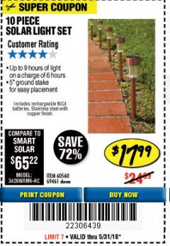 Harbor Freight Coupon 10 PIECE STAINLESS STEEL SOLAR LIGHT SET Lot No. 60560/66249/69461 Expired: 5/31/18 - $17.99