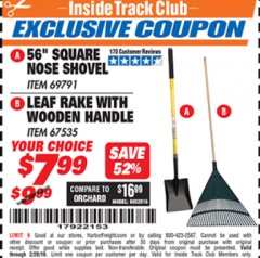 Harbor Freight ITC Coupon 56" SQUARE NOSE SHOVEL / LEAF RAKE WITH WOODEN HANDLE Lot No. 69791/67535 Expired: 2/28/19 - $7.99