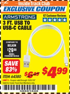 Harbor Freight ITC Coupon 3 FT. USB TO USB-C CABLE Lot No. 64580 Expired: 10/31/19 - $4.99