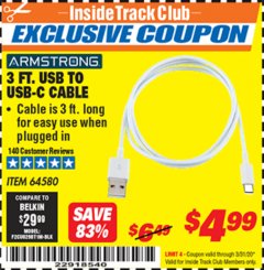 Harbor Freight ITC Coupon 3 FT. USB TO USB-C CABLE Lot No. 64580 Expired: 3/31/20 - $4.99