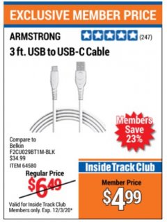 Harbor Freight ITC Coupon 3 FT. USB TO USB-C CABLE Lot No. 64580 Expired: 12/3/20 - $4.99