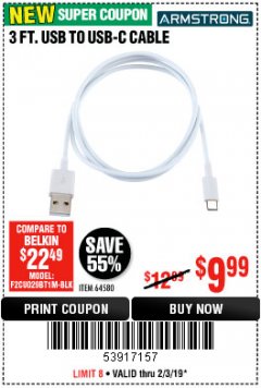 Harbor Freight Coupon 3 FT. USB TO USB-C CABLE Lot No. 64580 Expired: 2/3/19 - $9.99