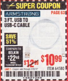 Harbor Freight Coupon 3 FT. USB TO USB-C CABLE Lot No. 64580 Expired: 2/28/19 - $10.99