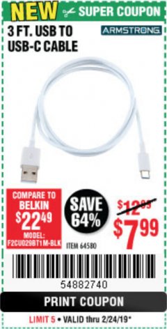 Harbor Freight Coupon 3 FT. USB TO USB-C CABLE Lot No. 64580 Expired: 2/24/19 - $7.99