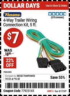 Harbor Freight Coupon KENWAY 4-WAY TRAILER WIRING CONNECTION KIT, 5 FT. Lot No. 64054 EXPIRES: 6/17/26 - $7