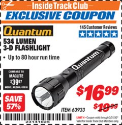 Harbor Freight ITC Coupon 534 LUMENS 3-D FLASHLIGHT Lot No. 63933 Expired: 3/31/20 - $16.99