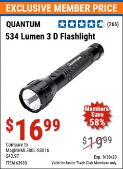 Harbor Freight ITC Coupon 534 LUMENS 3-D FLASHLIGHT Lot No. 63933 Expired: 9/30/20 - $16.99