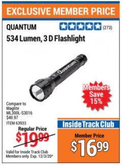 Harbor Freight ITC Coupon 534 LUMENS 3-D FLASHLIGHT Lot No. 63933 Expired: 12/3/20 - $16.99