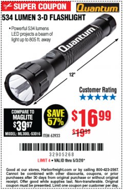 Harbor Freight Coupon 534 LUMENS 3-D FLASHLIGHT Lot No. 63933 Expired: 6/30/20 - $16.99