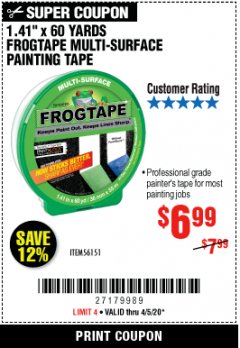 Harbor Freight Coupon 1.41" X 60 YARD FROGTAPE MULTI-SURFACE PAINTING TAPE Lot No. 56151 Expired: 6/30/20 - $6.99