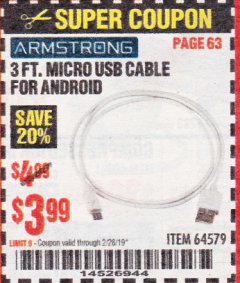 Harbor Freight Coupon 3 FT. MICRO USB CABLE FOR ANDROID Lot No. 64579 Expired: 2/28/19 - $3.99