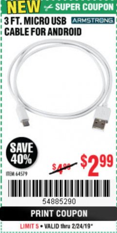 Harbor Freight Coupon 3 FT. MICRO USB CABLE FOR ANDROID Lot No. 64579 Expired: 2/24/19 - $2.99