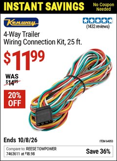 Harbor Freight Coupon KENWAY 4-WAY TRAILER WIRING CONNECTION KIT, 25 FT. Lot No. 64053 Valid Thru: 10/8/26 - $11.99