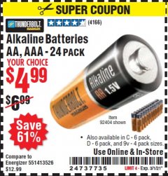 Harbor Freight Coupon ALKALINE BATTERIES Lot No. 92404 Expired: 3/1/21 - $4.99