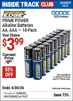 Harbor Freight ITC Coupon THUNDERBOLT EDGE PRIME POWER ALKALINE BATTERIES Lot No. 64490/64490/64491/64492/64493 Valid Thru: 4/30/26 - $3.99