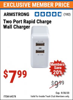 Harbor Freight ITC Coupon DUAL PORT USB WALL CHARGER Lot No. 64578 Expired: 9/30/20 - $7.99