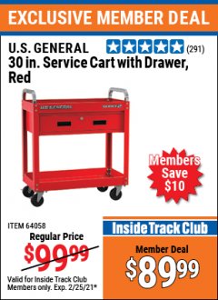 Harbor Freight ITC Coupon 30" LARGE SERVICE CART WITH LOCKING DRAWER Lot No. 64058/70029 Expired: 2/25/21 - $89.99