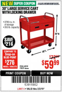 Harbor Freight Coupon 30" LARGE SERVICE CART WITH LOCKING DRAWER Lot No. 64058/70029 Expired: 2/3/19 - $59.99